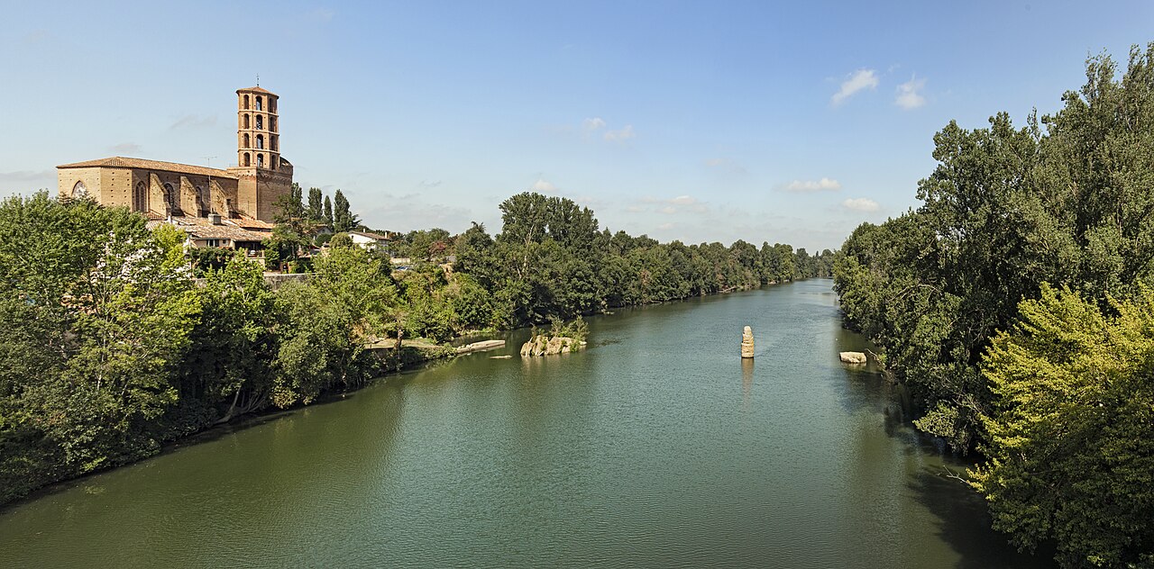 Le Tarn vu du pont suspendu &agrave; Buzet-sur-Tarn, avec les piles de l'ancien pont